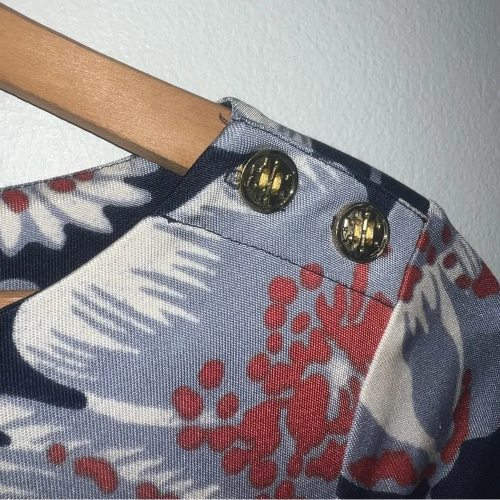 Tory Burch Silk Floral Navy Knee Length Sheath Dress Size Small 3/4 Sleeves